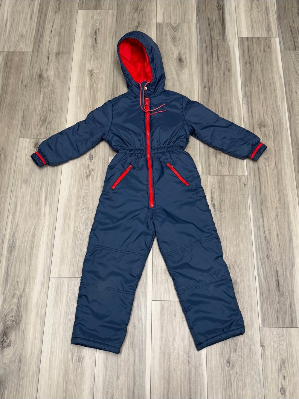 VTG Sears Navy Blue and Red Hooded Kids Snow Romper